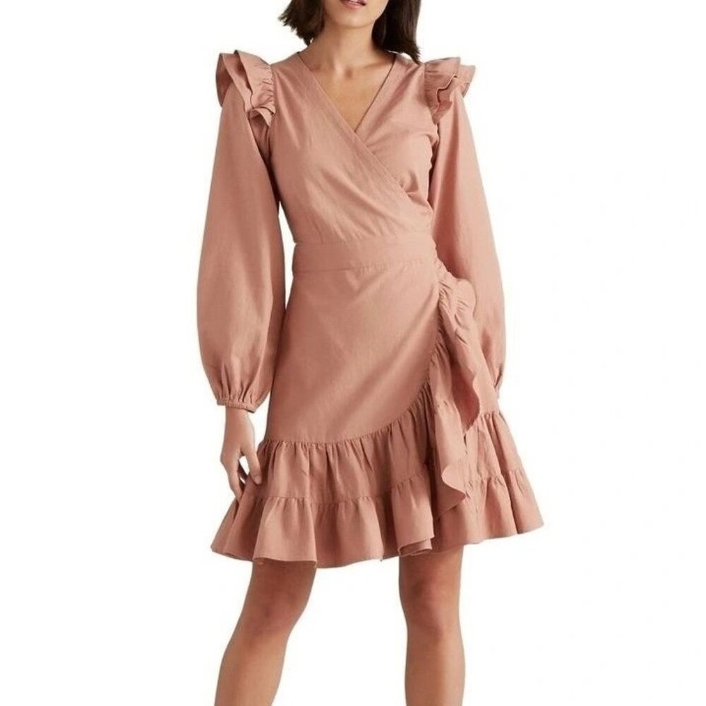 Seed Heritage Pink Ruffle Linen Wrap Mini Dress